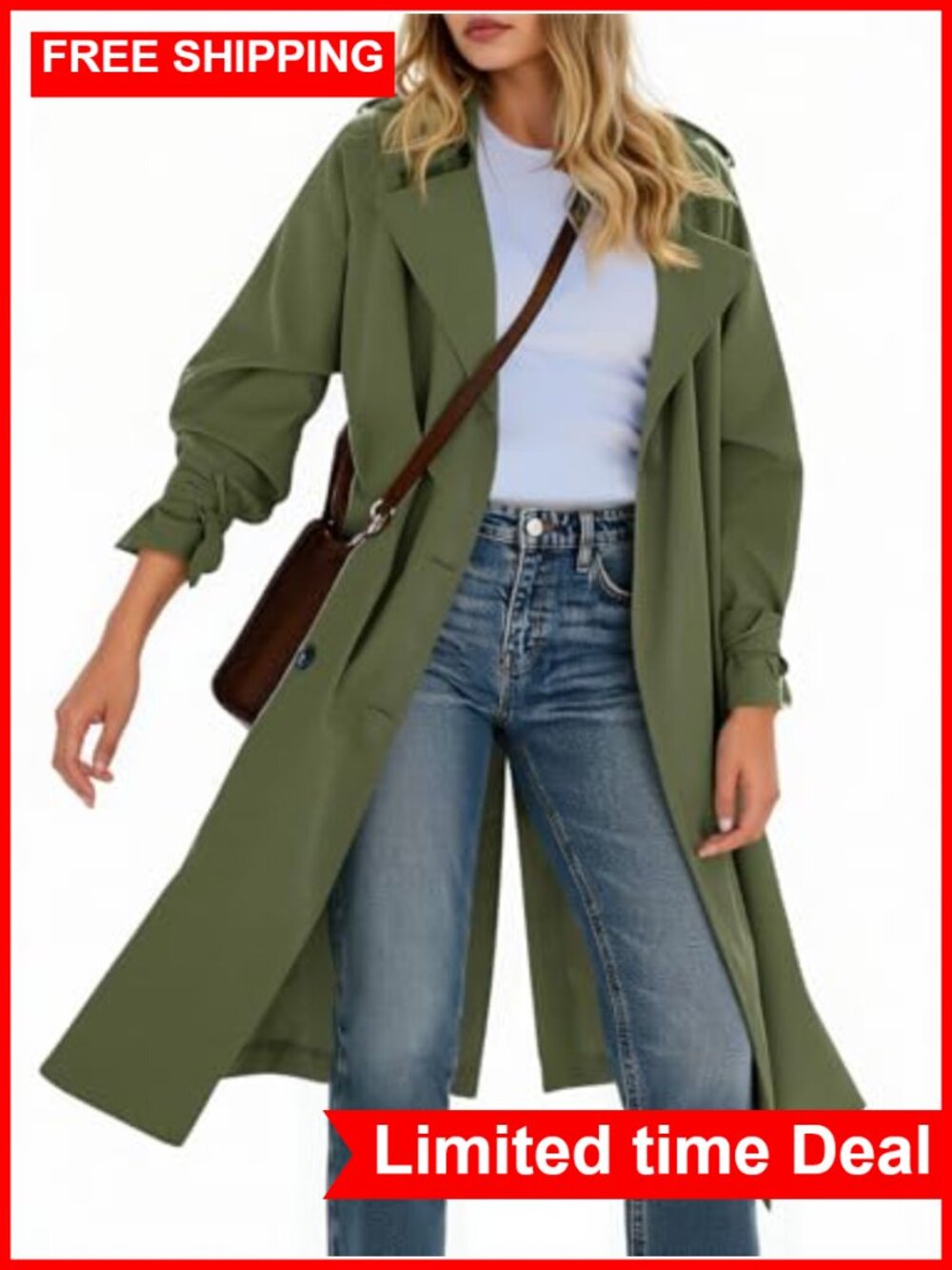 Women's Long Trench Coat Double Breasted Notch Lapel Overcoat